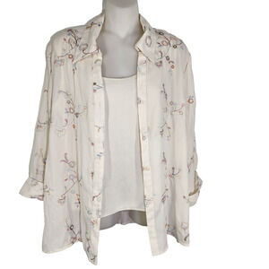 Vtg Apparenza Women 2Pc Tank Shirt M Button Floral Embroidered 3/4 Cuffed Sleeve